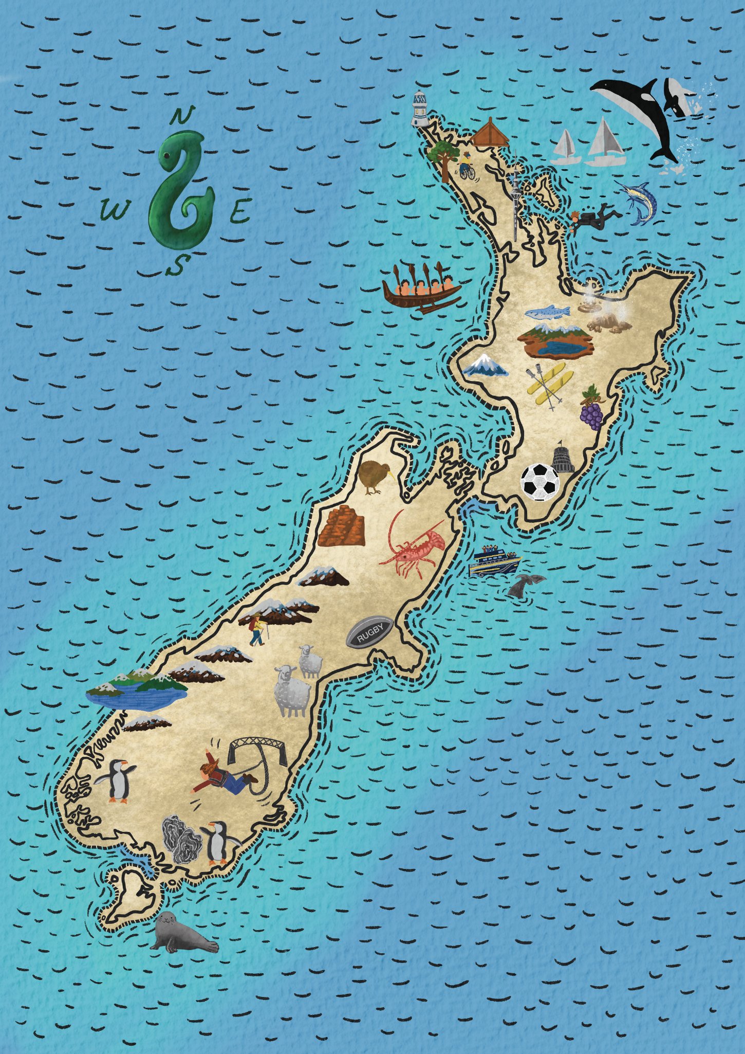 Illustrated map of Aotearoa New Zealand showing sports and places from the book