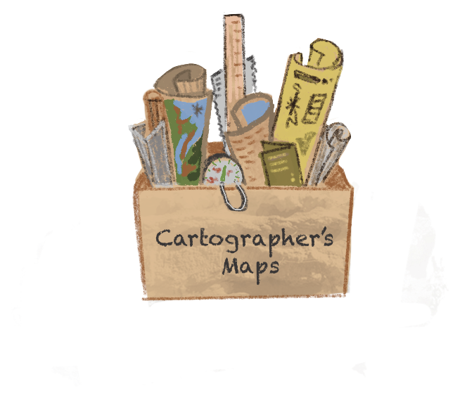Illustration of a cartographer’s kit with a map, compass and tools
