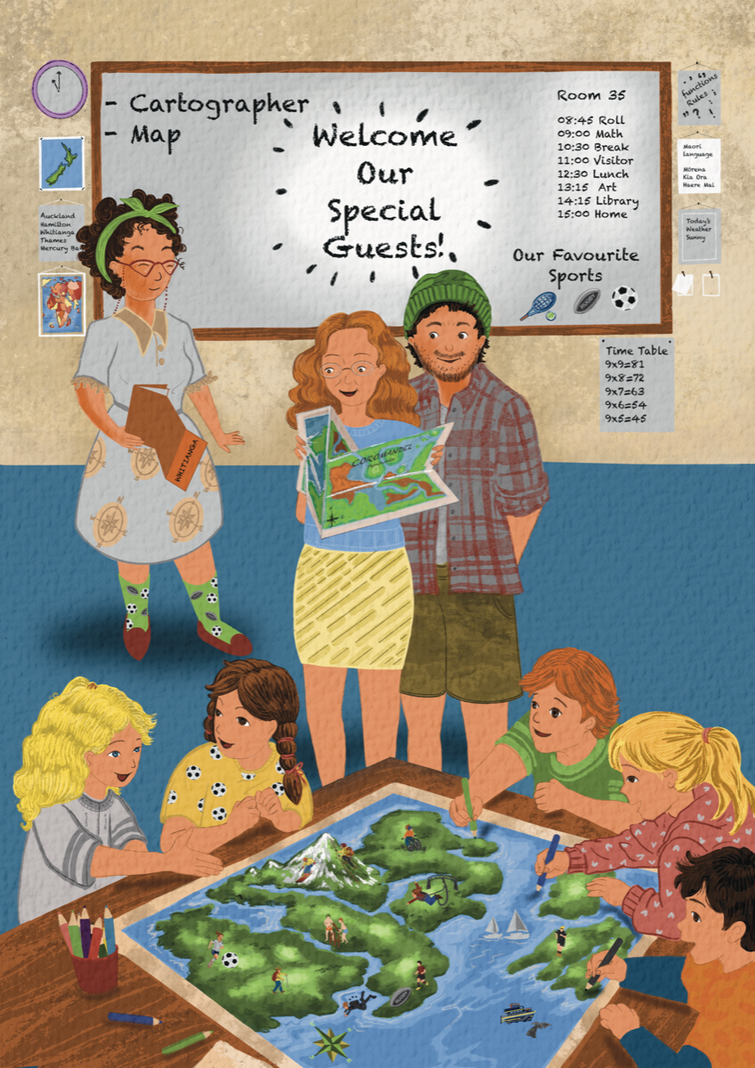 Illustration from the book of a classroom welcoming special guests to explore maps and cartography together