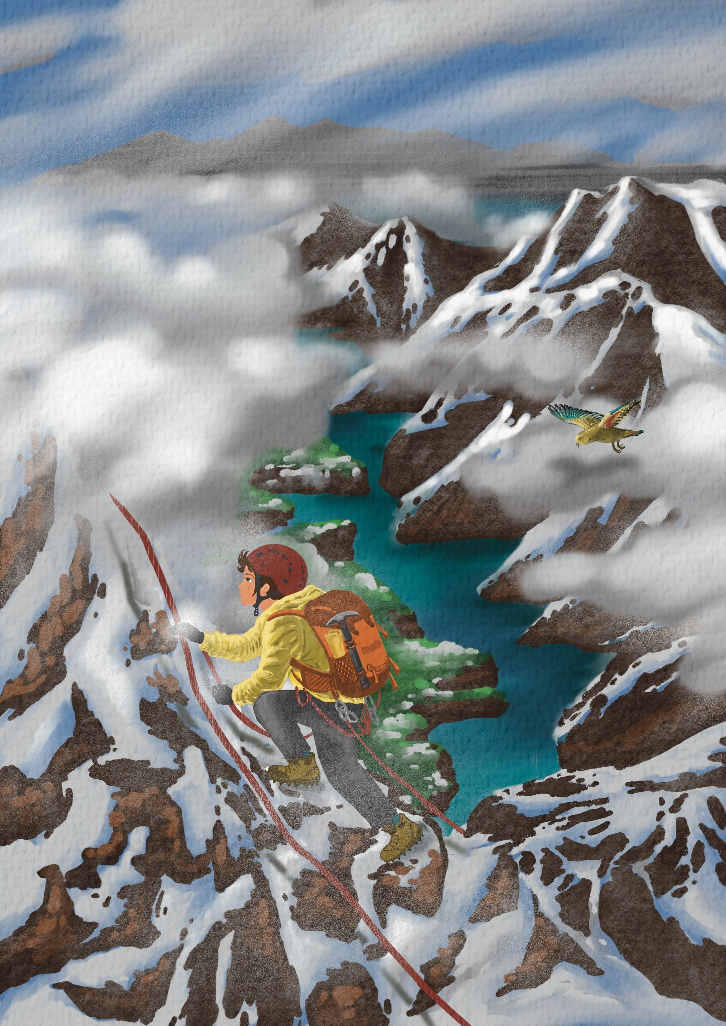 Illustration from the book of Manaia climbing near Aotearoa’s snow-capped peaks