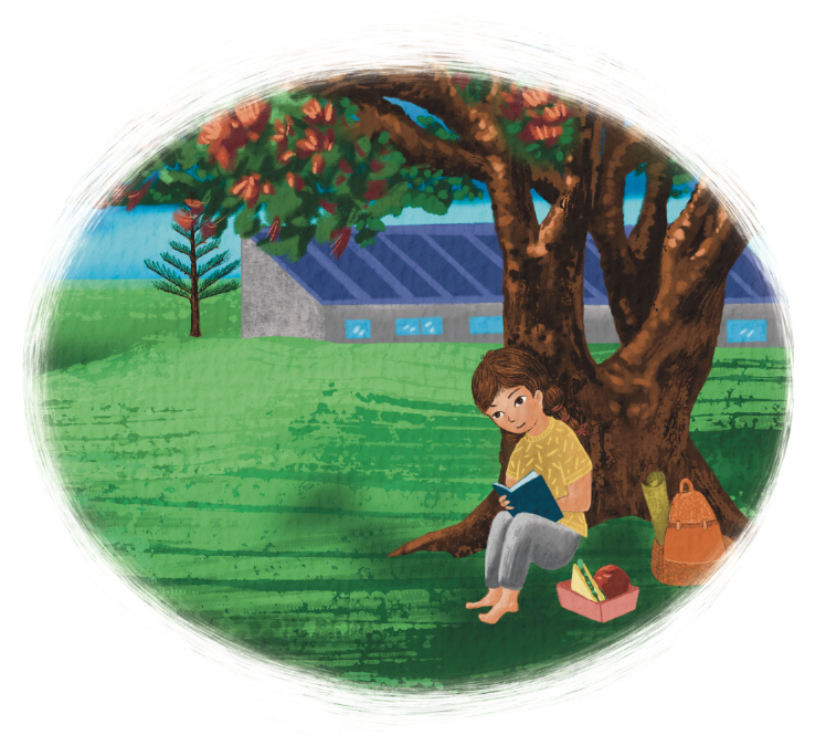 Illustration from the book of a child reading under a tree