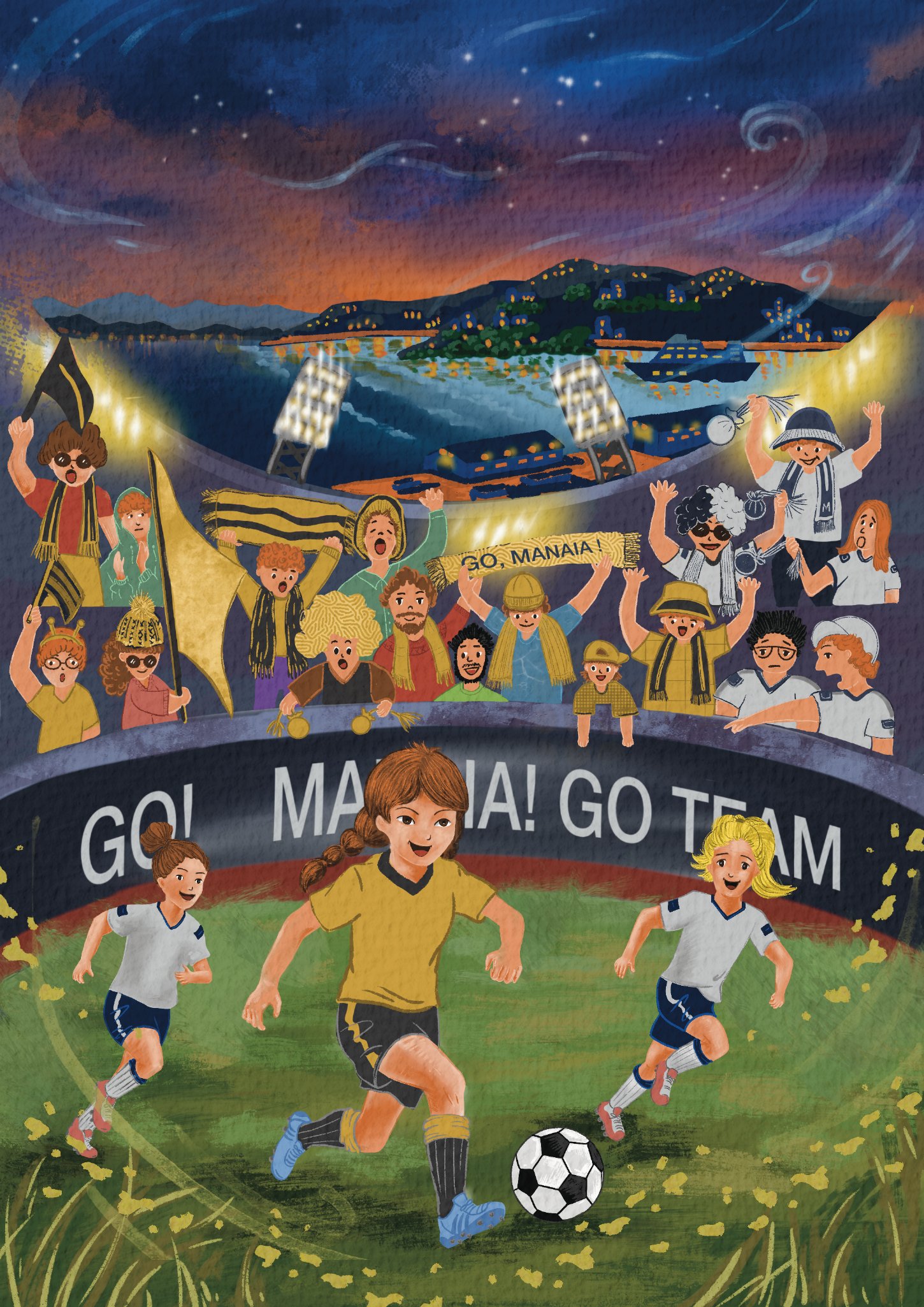 Illustration from the book of Manaia and friends playing football, cheered on by a crowd