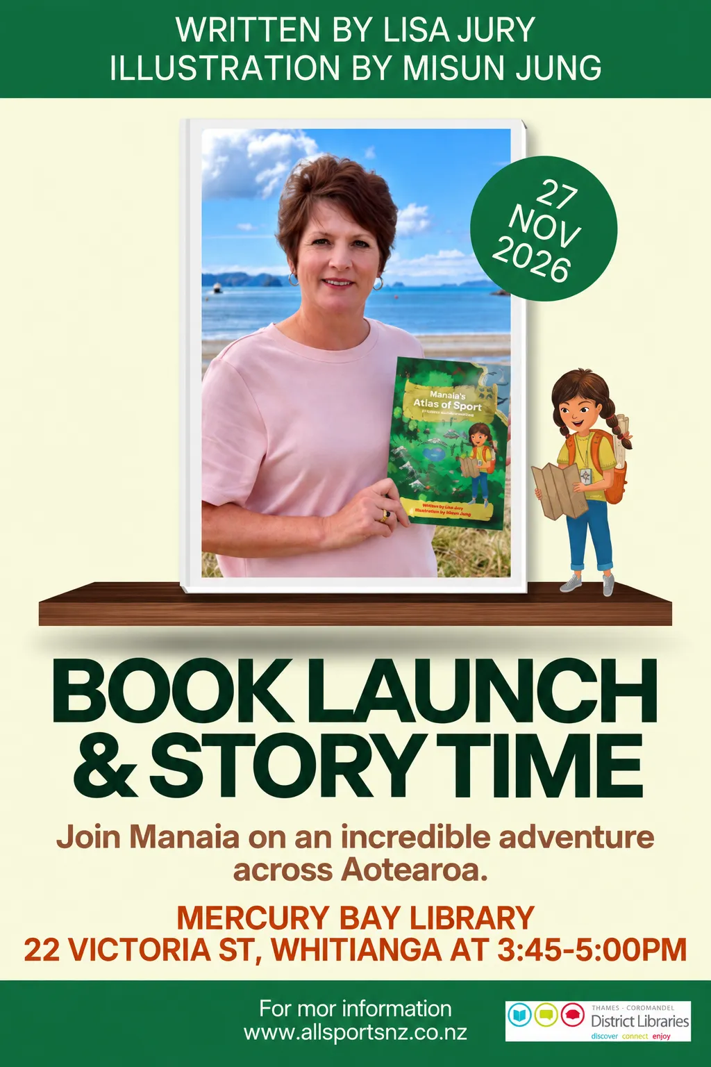 Book launch and story time poster for Manaia’s Atlas of Sport at Mercury Bay Library on 27 November 2026