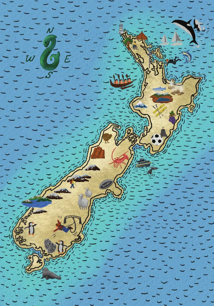 Illustrated map of Aotearoa showing animals, sports and places from Manaia’s journey