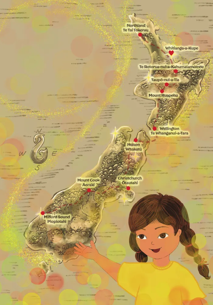 Illustrated story map marking locations across Aotearoa with Manaia